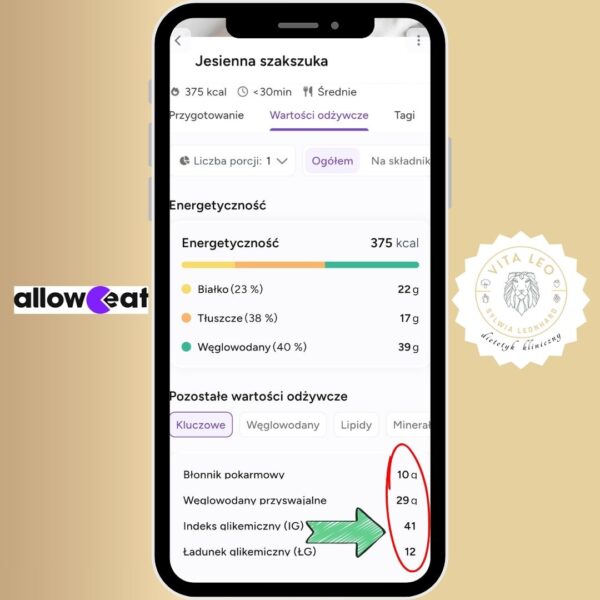 Dostęp do aplikacji + gotowe jadłospisy z niskim IG (nowy jadłospis co miesiąc!) + baza