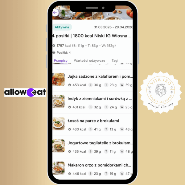 Dostęp do aplikacji+ gotowe jadłospisy z niskim IG (nowy jadłospis co miesiąc!) + baza posiłków + czat z dietetykiem